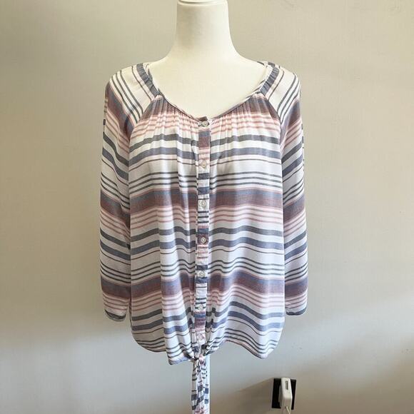 Como Blu Womens Tie Front Top Size M Striped Button Up Kimono 3/4 Sleeve Blouse - Picture 3 of 7